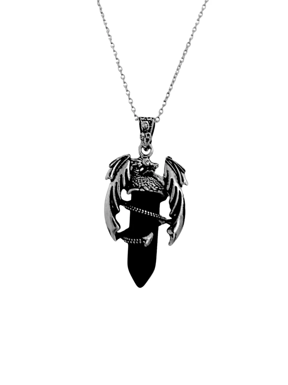 Silver Dragon Black Pendant w/ Stainless Steel Necklace NWOT